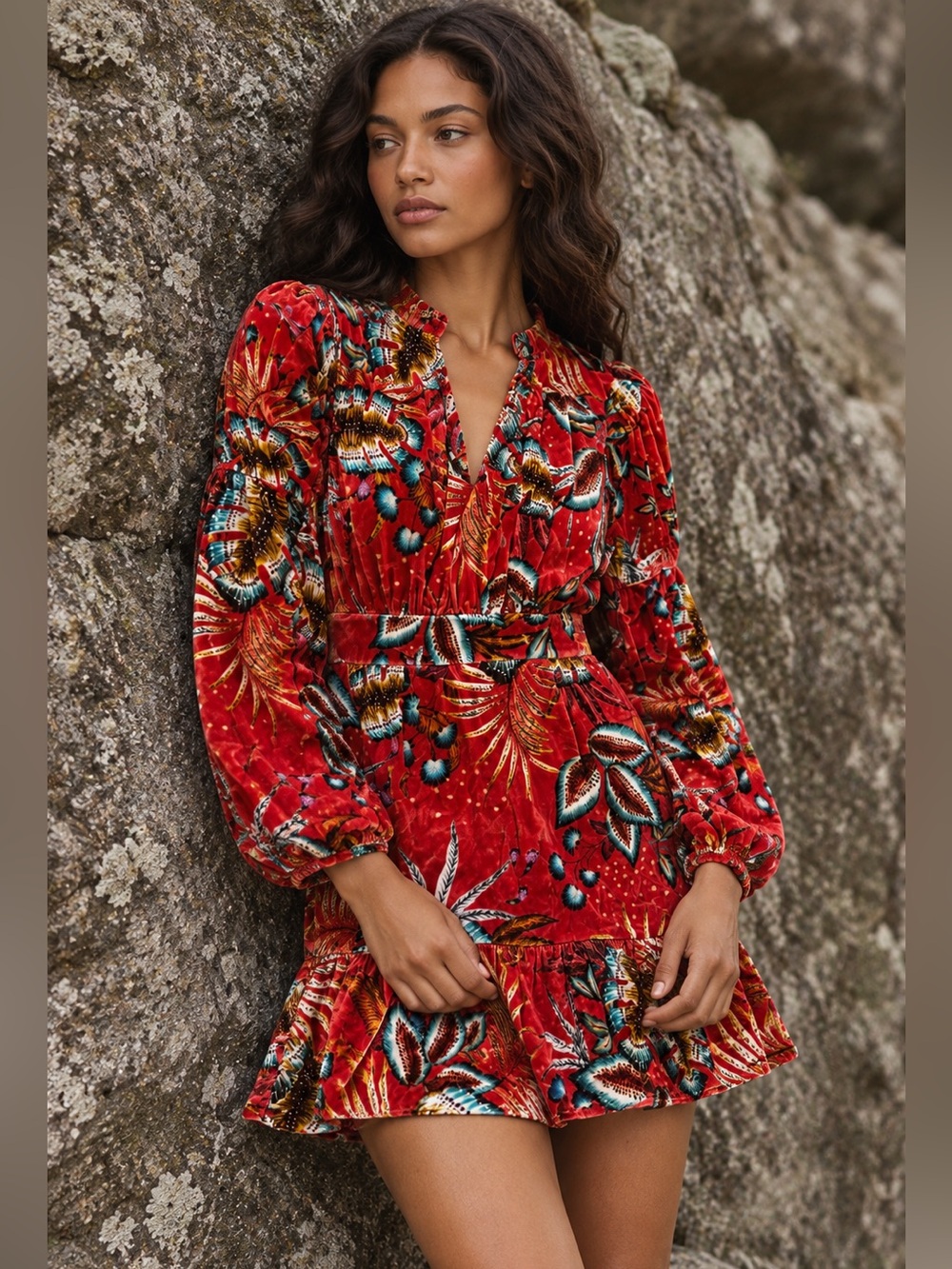 FARM Rio Red Floral Velvet Silk Blend Long Sleeve Mini Dress Large